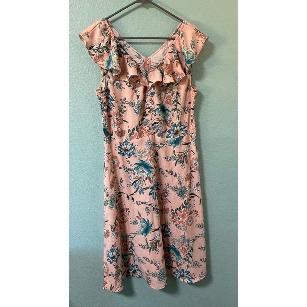 LOFT Pink Floral Ruffle V-Neck Dress